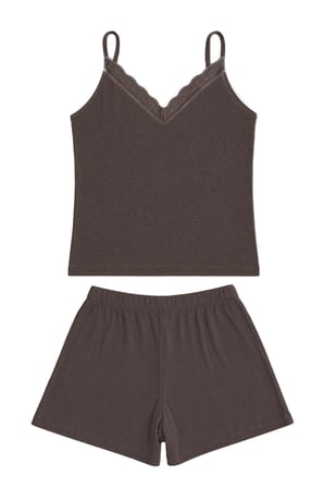 Premium - Neat Collection | Kahverengi Dantel Detaylı Rib Dokulu Modal Viskon Şortlu Pijama Takımı