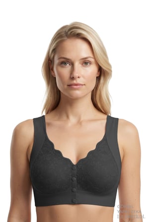 Seamless Bra - Lunessa | Siyah Lazer Kesim Dikişsiz Önden Düğmeli Dantelli Minimizer Kadın Sütyen