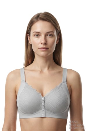 Seamless Bra - Larevia | Gri Lazer Kesim Önden Düğmeli Tül Detaylı Kadın Sütyen