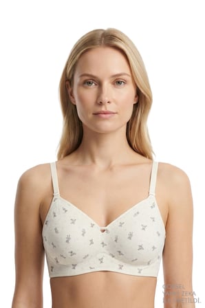 Seamless Bra - Mireva | Krem Lazer Kesim Rib Dokulu Ayıcık Desenli Balensiz Kadın Sütyen