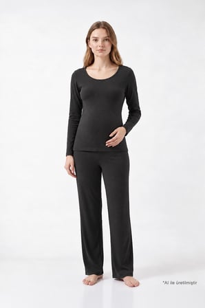 Premium - Serene Collection | Antrasit Yüksek Bel Bol Paça Rib Dokulu Viskon Hamile Pijama Takımı
