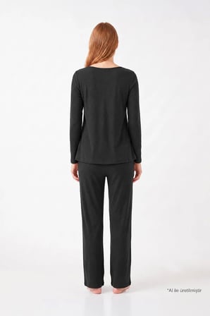 Premium - Serene Collection | Antrasit Yüksek Bel Bol Paça Rib Dokulu Viskon Hamile Pijama Takımı
