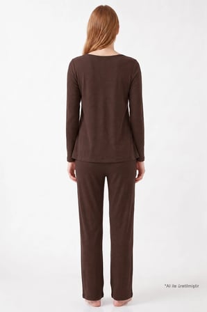 Premium - Serene Collection | Kahverengi Yüksek Bel Bol Paça Rib Dokulu Viskon Hamile Pijama Takımı