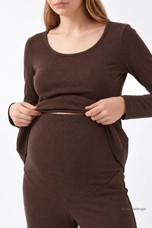 Premium - Serene Collection | Kahverengi Yüksek Bel Bol Paça Rib Dokulu Viskon Hamile Pijama Takımı