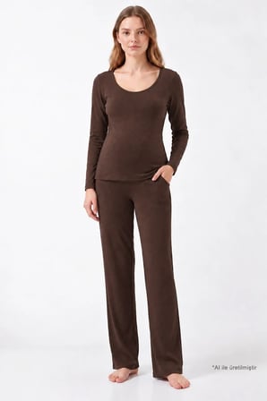 Premium - Serene Collection | Kahverengi Yüksek Bel Bol Paça Rib Dokulu Viskon Hamile Pijama Takımı