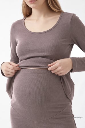 Premium - Serene Collection | Vizon Yüksek Bel Bol Paça Rib Dokulu Viskon Hamile Pijama Takımı