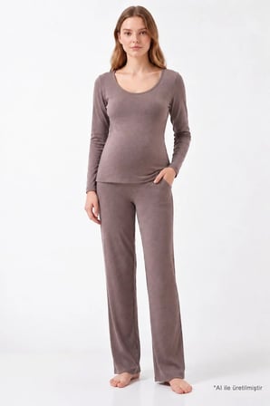 Premium - Serene Collection | Vizon Yüksek Bel Bol Paça Rib Dokulu Viskon Hamile Pijama Takımı