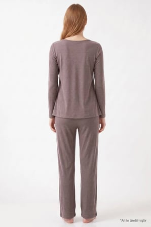Premium - Serene Collection | Vizon Yüksek Bel Bol Paça Rib Dokulu Viskon Hamile Pijama Takımı