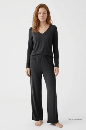 Premium - Serene Collection | Antrasit Rib Dokulu Bol Paça V Yaka Viskon Kadın Pijama Takımı