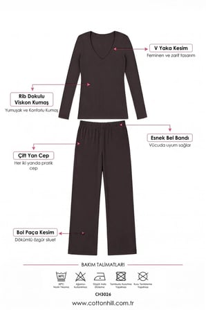 Premium - Serene Collection | Vizon Rib Dokulu Bol Paça V Yaka Viskon Kadın Pijama Takımı