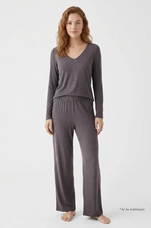 Premium - Serene Collection | Vizon Rib Dokulu Bol Paça V Yaka Viskon Kadın Pijama Takımı