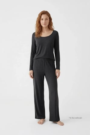 Premium - Serene Collection | Antrasit Rib Dokulu Uzun Kollu Bol Paça Viskon Kadın Pijama Takımı