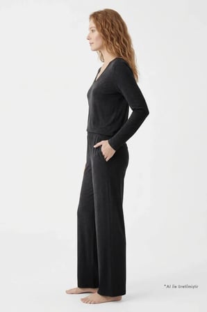 Premium - Serene Collection | Antrasit Rib Dokulu Uzun Kollu Bol Paça Viskon Kadın Pijama Takımı