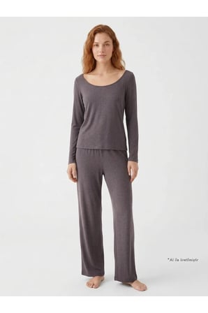 Premium - Serene Collection | Vizon Rib Dokulu Uzun Kollu Bol Paça Viskon Kadın Pijama Takımı