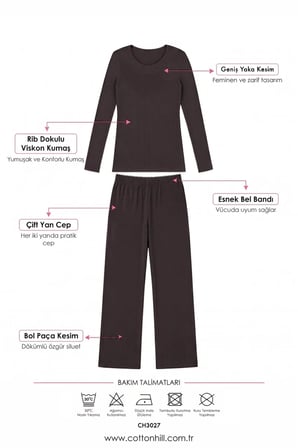 Premium - Serene Collection | Vizon Rib Dokulu Uzun Kollu Bol Paça Viskon Kadın Pijama Takımı