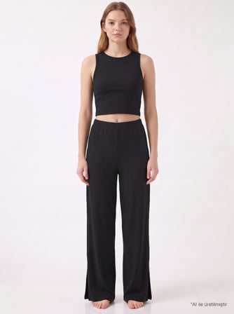Premium - Serene Collection | Antrasit Rib Dokulu Önden Bağlamalı Viskon 3'lü Kadın Pijama Takımı