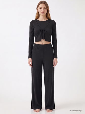 Premium - Serene Collection | Antrasit Rib Dokulu Önden Bağlamalı Viskon 3'lü Kadın Pijama Takımı