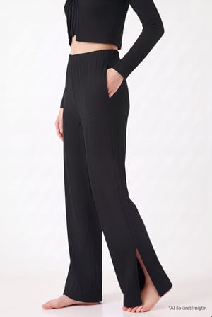 Premium - Serene Collection | Antrasit Rib Dokulu Önden Bağlamalı Viskon 3'lü Kadın Pijama Takımı
