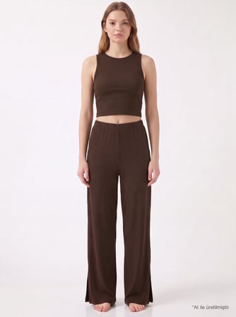 Premium - Serene Collection | Kahverengi Rib Dokulu Önden Bağlamalı Viskon 3'lü Kadın Pijama Takımı