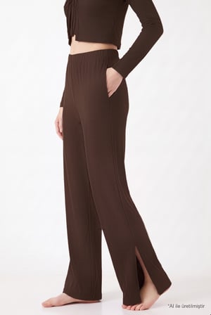 Premium - Serene Collection | Kahverengi Rib Dokulu Önden Bağlamalı Viskon 3'lü Kadın Pijama Takımı