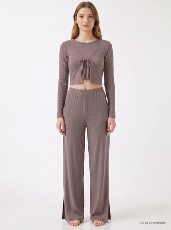 Premium - Serene Collection | Vizon Rib Dokulu Önden Bağlamalı Viskon 3'lü Kadın Pijama Takımı