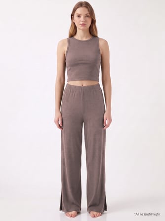 Premium - Serene Collection | Vizon Rib Dokulu Önden Bağlamalı Viskon 3'lü Kadın Pijama Takımı