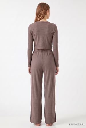 Premium - Serene Collection | Vizon Rib Dokulu Önden Bağlamalı Viskon 3'lü Kadın Pijama Takımı