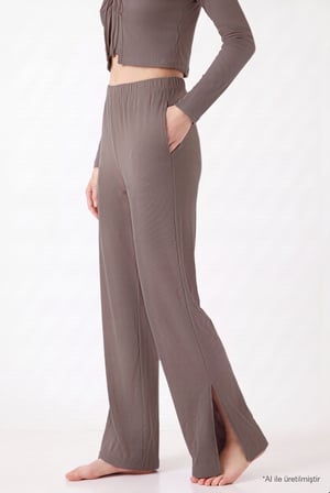 Premium - Serene Collection | Vizon Rib Dokulu Önden Bağlamalı Viskon 3'lü Kadın Pijama Takımı