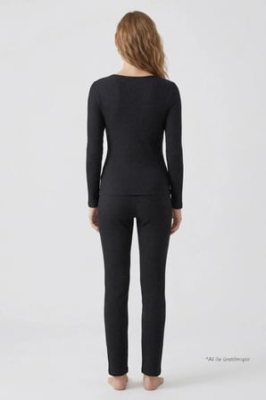 Premium - Serene Collection | Antrasit Rib Dokulu Vücuda Oturan Bol Paça Viskon Kadın Pijama Takımı