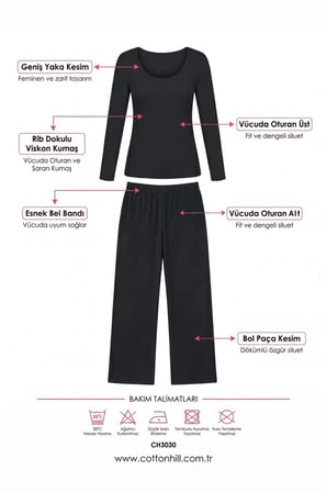 Premium - Serene Collection | Antrasit Rib Dokulu Vücuda Oturan Bol Paça Viskon Kadın Pijama Takımı