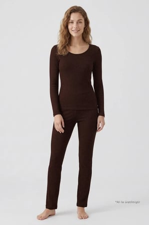Premium - Serene Collection |Kahverengi Rib Dokulu Vücuda Oturan Bol Paça Viskon Kadın Pijama Takımı