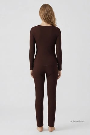 Premium - Serene Collection |Kahverengi Rib Dokulu Vücuda Oturan Bol Paça Viskon Kadın Pijama Takımı