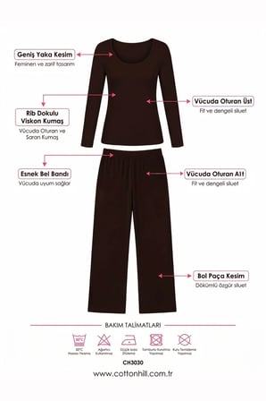 Premium - Serene Collection |Kahverengi Rib Dokulu Vücuda Oturan Bol Paça Viskon Kadın Pijama Takımı
