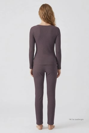Premium - Serene Collection | Vizon Rib Dokulu Vücuda Oturan Bol Paça Viskon Kadın Pijama Takımı
