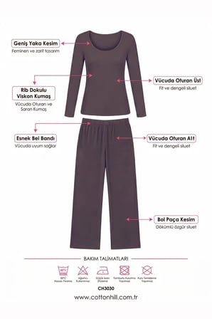 Premium - Serene Collection | Vizon Rib Dokulu Vücuda Oturan Bol Paça Viskon Kadın Pijama Takımı