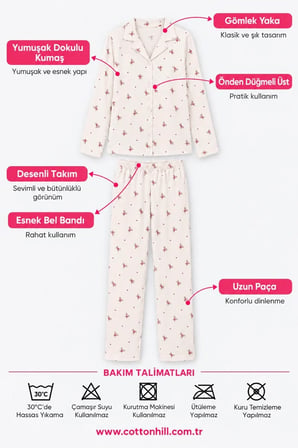 Krem Ayıcık Desenli Yumuşak Dokulu Gömlek Yaka Düğmeli Uzun Kollu Kadın Pijama Takımı