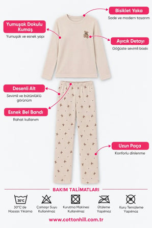 Bej Ayıcık Desenli Waffle Dokulu Bisiklet Yaka Uzun Kollu Kadın Pijama Takımı