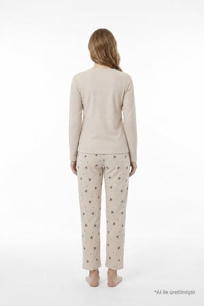 Bej Ayıcık Desenli Waffle Dokulu Bisiklet Yaka Uzun Kollu Kadın Pijama Takımı