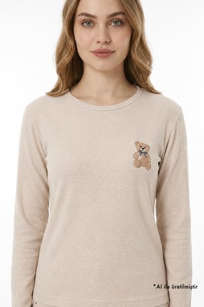 Bej Ayıcık Desenli Waffle Dokulu Bisiklet Yaka Uzun Kollu Kadın Pijama Takımı