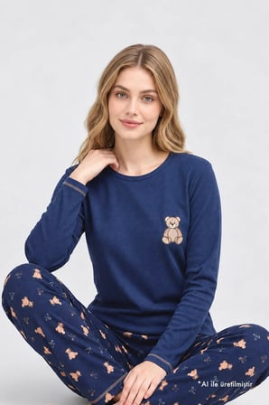 Lacivert Ayıcık Desenli Waffle Dokulu Bisiklet Yaka Uzun Kollu Kadın Pijama Takımı