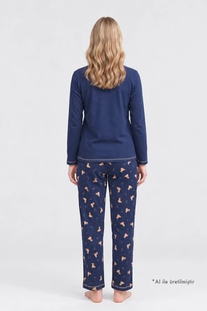 Lacivert Ayıcık Desenli Waffle Dokulu Bisiklet Yaka Uzun Kollu Kadın Pijama Takımı