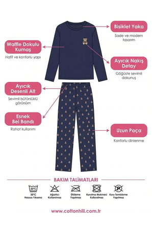 Lacivert Ayıcık Desenli Waffle Dokulu Bisiklet Yaka Uzun Kollu Kadın Pijama Takımı