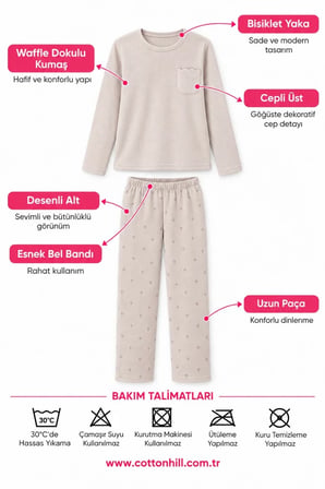 Bej Desenli Waffle Dokulu Cepli Bisiklet Yaka Uzun Kollu Kadın Pijama Takımı