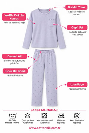 Mavi Desenli Waffle Dokulu Cepli Bisiklet Yaka Uzun Kollu Kadın Pijama Takımı