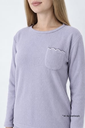 Mavi Desenli Waffle Dokulu Cepli Bisiklet Yaka Uzun Kollu Kadın Pijama Takımı