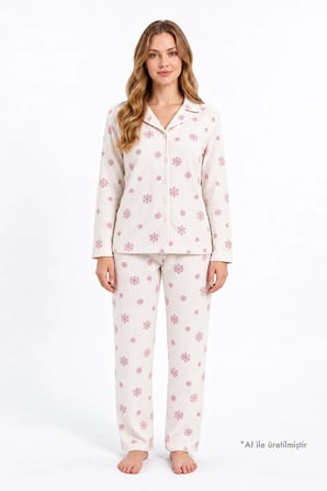 Krem Desenli Waffle Dokulu Gömlek Yaka Düğmeli Uzun Kollu Kadın Pijama Takımı