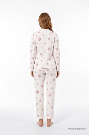 Krem Desenli Waffle Dokulu Gömlek Yaka Düğmeli Uzun Kollu Kadın Pijama Takımı