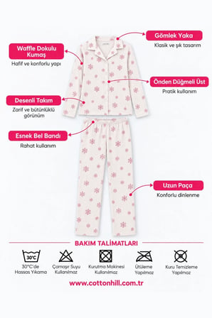 Krem Desenli Waffle Dokulu Gömlek Yaka Düğmeli Uzun Kollu Kadın Pijama Takımı