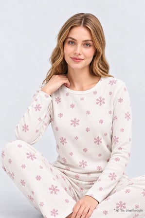 Krem Desenli Waffle Dokulu Gömlek Yaka Düğmeli Uzun Kollu Kadın Pijama Takımı