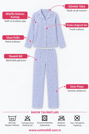 Mavi Desenli Waffle Dokulu Gömlek Yaka Düğmeli Uzun Kollu Kadın Pijama Takımı
